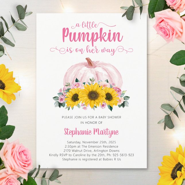 Little Pumpkin Pink Floral Sunflower Baby Shower Invitation (Creator Uploaded)
