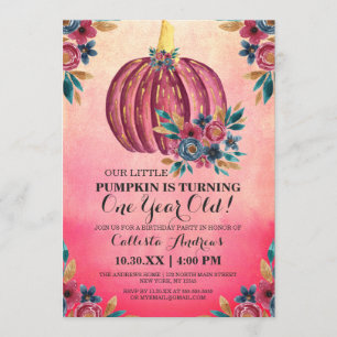 Little Pumpkin Pink Floral Watercolor 1st Birthday Invitation