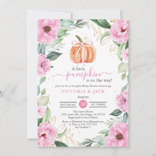 Little Pumpkin Pink Flowers Leaf Fall Baby Shower Invitation