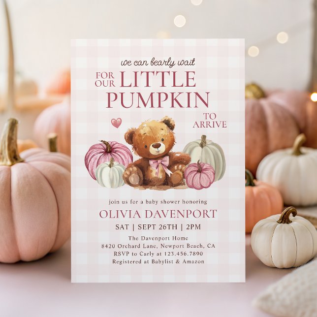 Little Pumpkin Pink Gingham Fall Girl Baby Shower Invitation (Creator Uploaded)