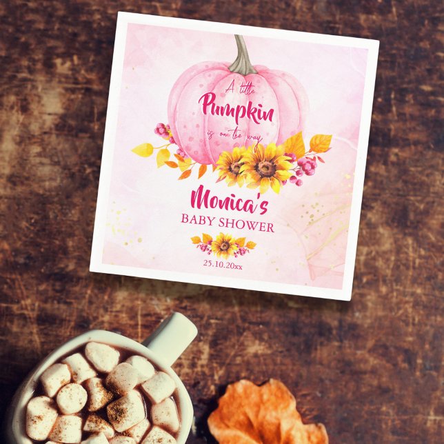 Little pumpkin pink girl baby shower napkin (Little pumpkin baby shower tableware personalized napkins pink pumpkin sunflowers autumn foliage )