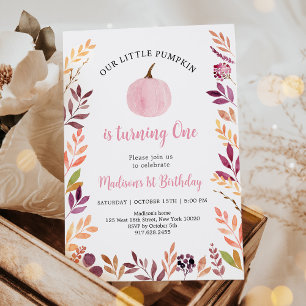 Little Pumpkin Pink Girl Boho First Birthday Invitation