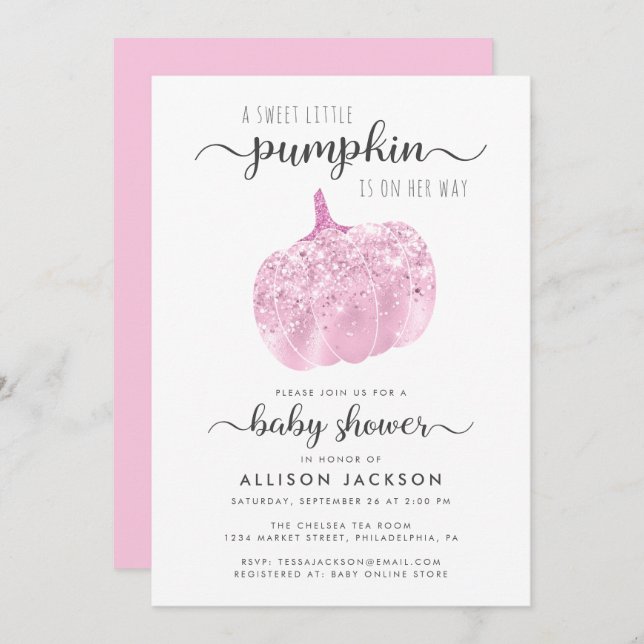 Little Pumpkin Pink Glitter Sparkle Baby Shower Invitation (Front/Back)