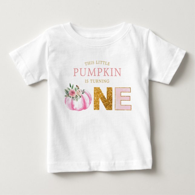 Little Pumpkin Pink Gold Floral Girl 1st Birthday Baby T-Shirt (Front)