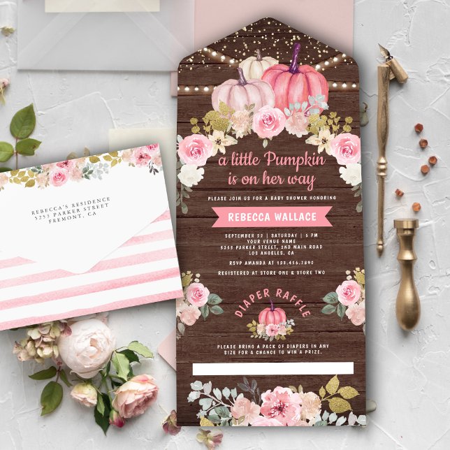 Little Pumpkin Pink Gold Floral Wood Baby Shower All In One Invitation (Creator Uploaded)
