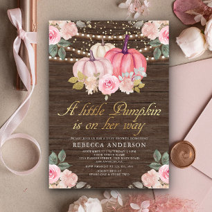 Little Pumpkin Pink Gold Floral Wood Baby Shower Invitation