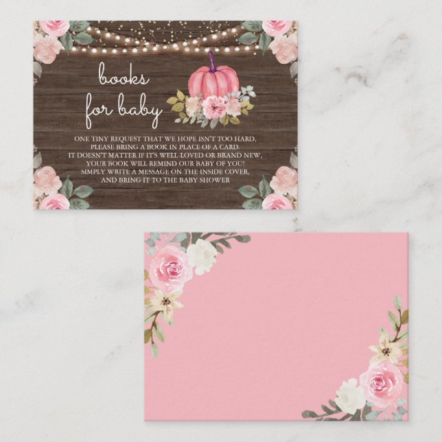 Little Pumpkin Pink Gold Floral Wood Book Request Enclosure Card (Front/Back)