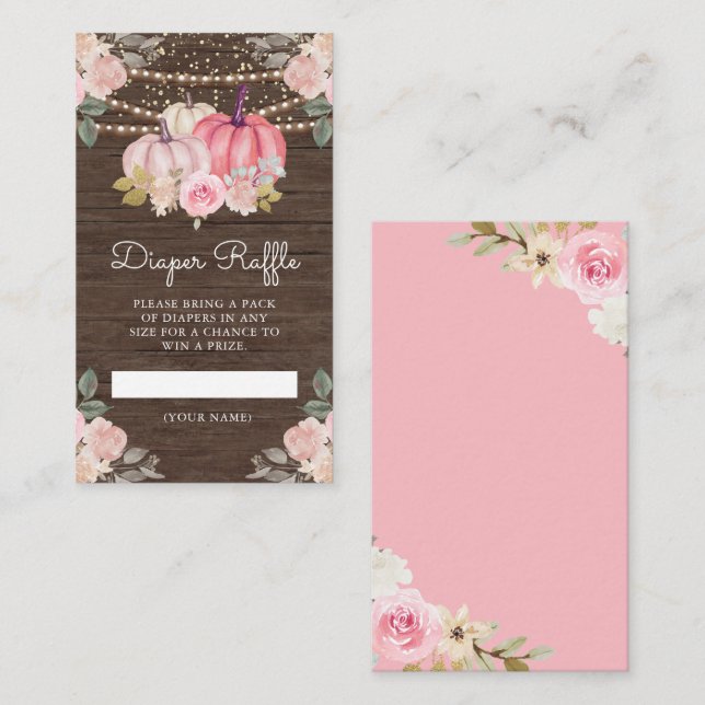 Little Pumpkin Pink Gold Floral Wood Diaper Raffle Enclosure Card (Front/Back)