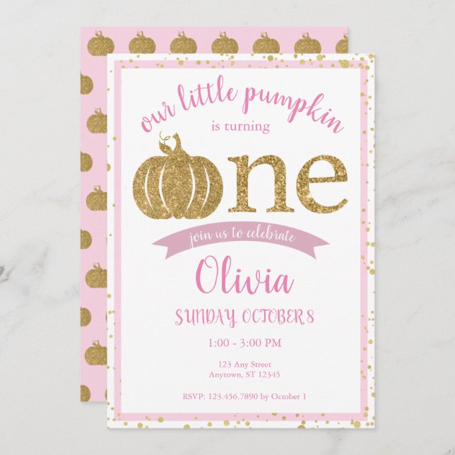 Little Pumpkin Pink Gold Glitter First Birthday Invitation (Front/Back)