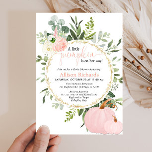 Little pumpkin pink greenery girl baby shower invitation