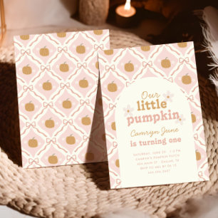 Little Pumpkin Pink Preppy Coquette 1st Birthday Invitation