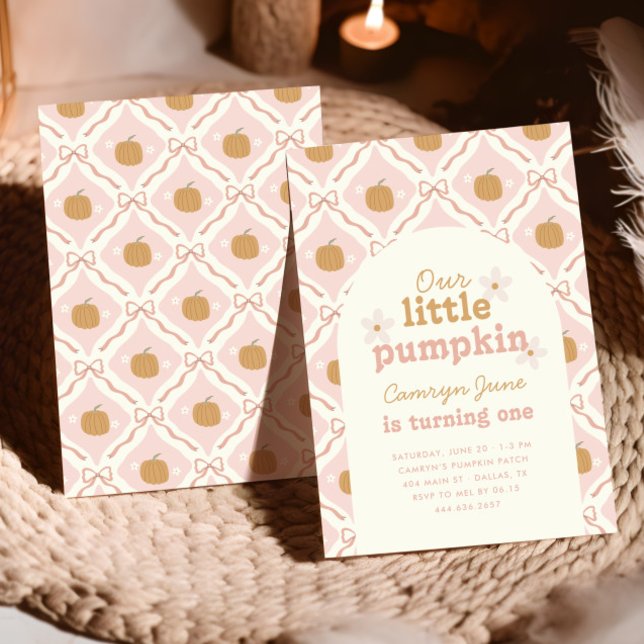 Little Pumpkin Pink Preppy Coquette 1st Birthday  Invitation (Creator Uploaded)