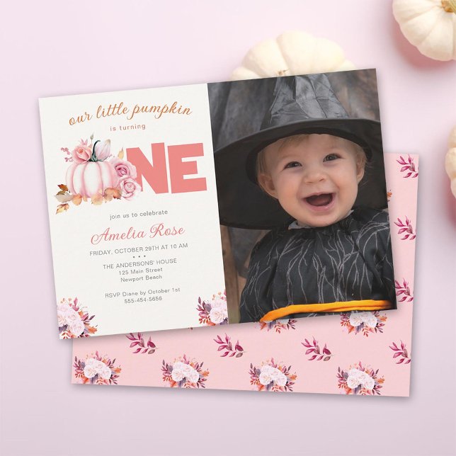 Little Pumpkin Pink Roses Fall Leaves 1st Birthday Invitation (our little pumpkin is turning one pink roses floral elegant rustic cute sweet watercolor calligraphy)