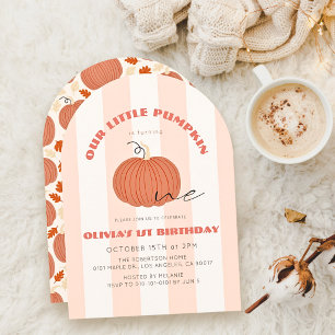 Little Pumpkin Pink Stripes Girl 1st Birthday Invitation