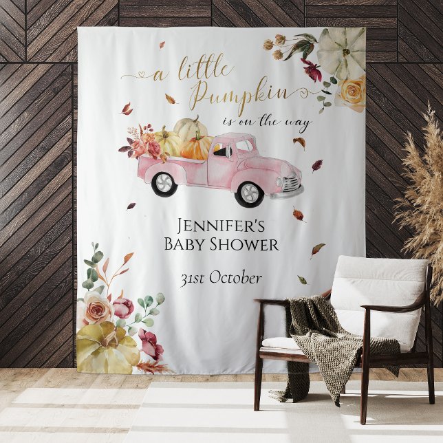 Little Pumpkin Pink Truck Baby Shower Backdrop Tapestry (Creator Uploaded)
