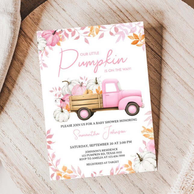 Little Pumpkin Pink Truck Fall Baby Shower Invitation (Pink Little Pumpkin Truck Fall Baby Shower Invitation)