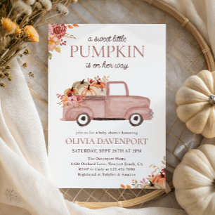 Little Pumpkin Pink Truck Fall Girl Baby Shower Invitation