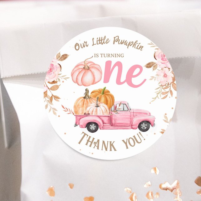 Little Pumpkin Pink Truck Girl Fall 1st Birthday Classic Round Sticker (Creator Uploaded)