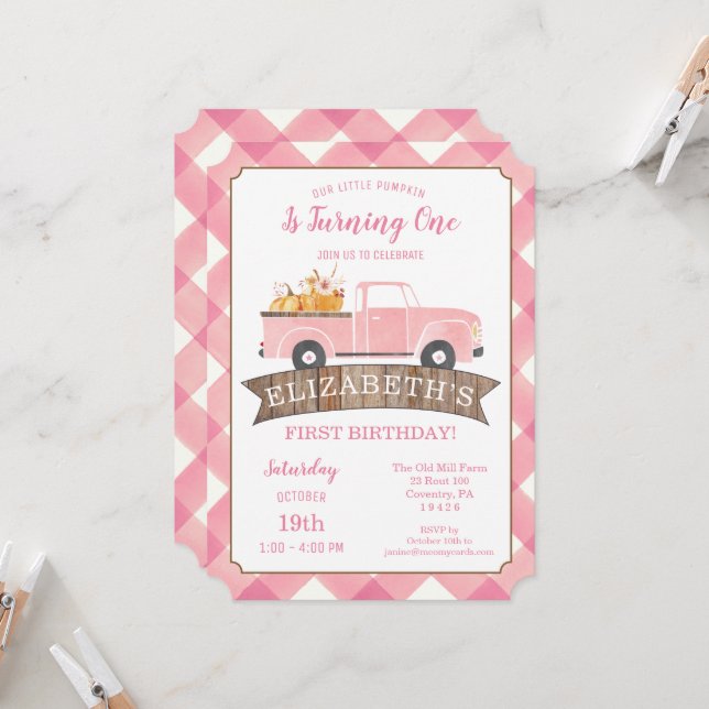 Little PUMPKIN Pink Truck Girls First Birthday  Invitation (Front/Back In Situ)
