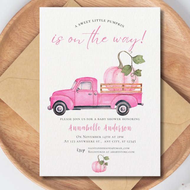 Little Pumpkin  Pink watercolor Girl Baby Shower Invitation (Little Pumpkin Pink watercolor Girl Baby Shower Invitation)