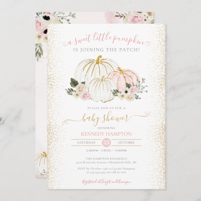 Little Pumpkin Pink White Gold Girl Baby Shower Invitation (Front/Back)