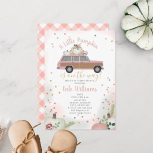 Little Pumpkin Pink Wood SUV Girl Fall Baby Shower Invitation