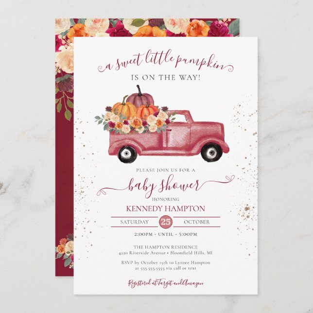 Little Pumpkin Red Fall Pickup Truck Baby Shower Invitation (Front/Back)