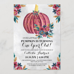 Little Pumpkin Red Floral Watercolor 1st Birthday Invitation