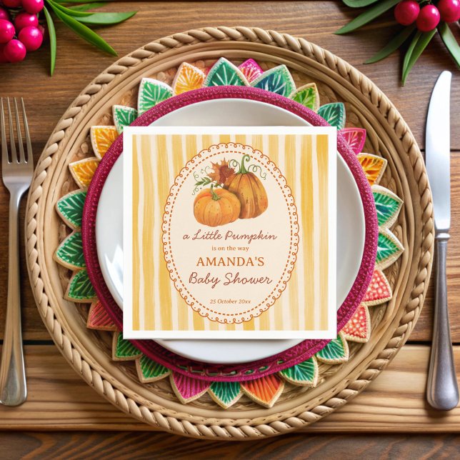 Little pumpkin retro stripes baby shower monogram napkin (Little pumpkin retro yellow stripes fall baby shower monogrammed printed  napkins)