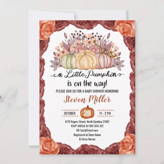 Little Pumpkin rose autumn fall flower Baby Shower Invitation (Front)