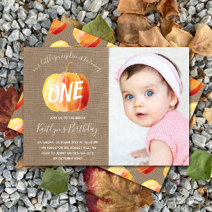 Little Pumpkin Rustic Burlap 1st Birthday Photo Invitation