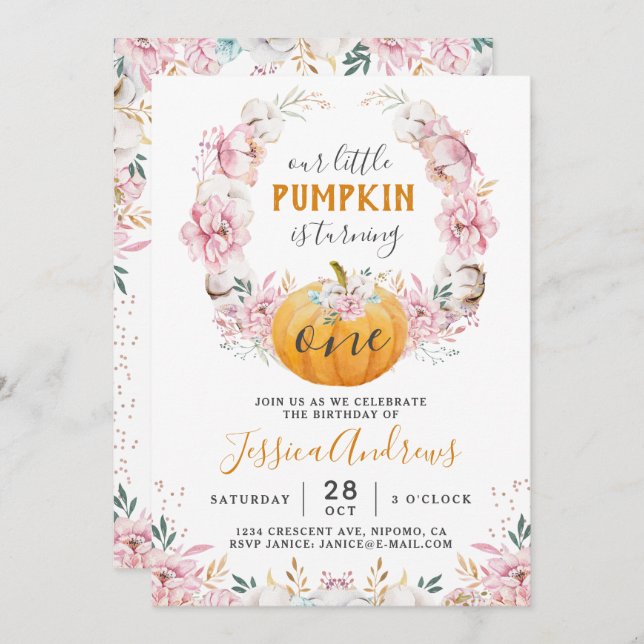 Little Pumpkin Rustic Cotton Floral First Birthday Invitation (Front/Back)