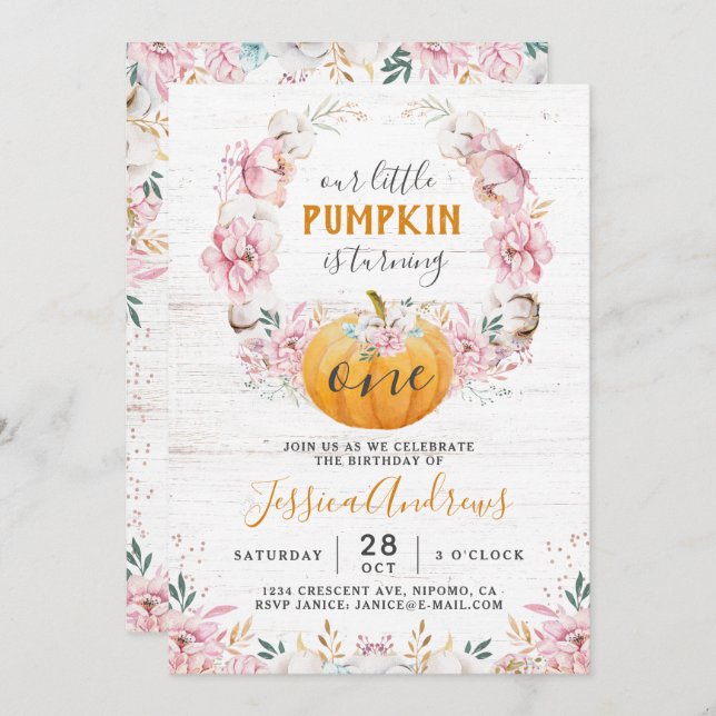 Little Pumpkin Rustic Cotton Floral First Birthday Invitation (Front/Back)