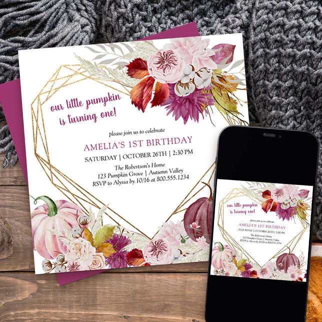 Little Pumpkin Rustic Floral Birthday Invitation (Little Pumpkin birthday with gold heart frame and fall flowers from my Little Pumpkin collection)