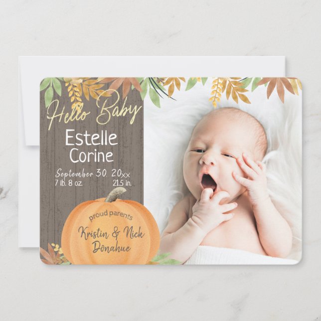 Little Pumpkin Rustic Photo Birth Announcement (Front)