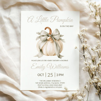 Little Pumpkin Sage Green Bow Baby Shower Invitation