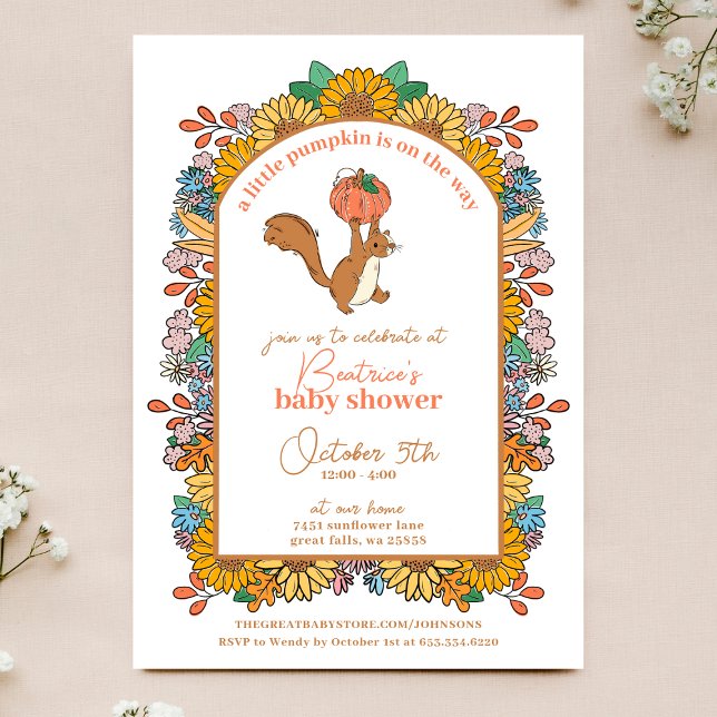 Little Pumpkin Sunflower Squirrel Baby Shower Invitation (Creator Uploaded)