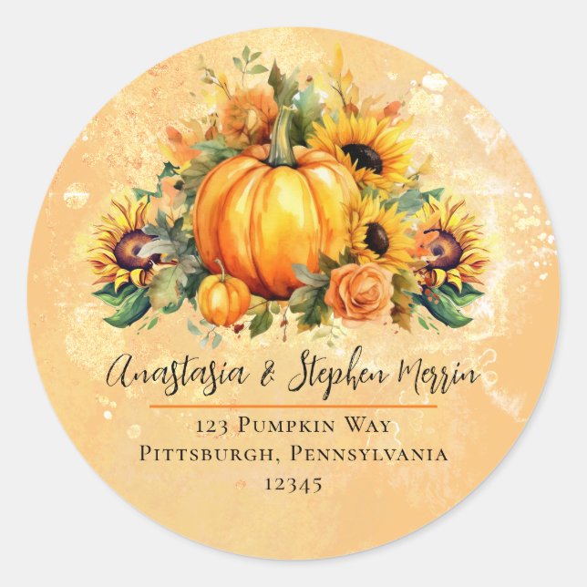 Little Pumpkin Sunflowers Fall Return Address Classic Round Sticker (Front)