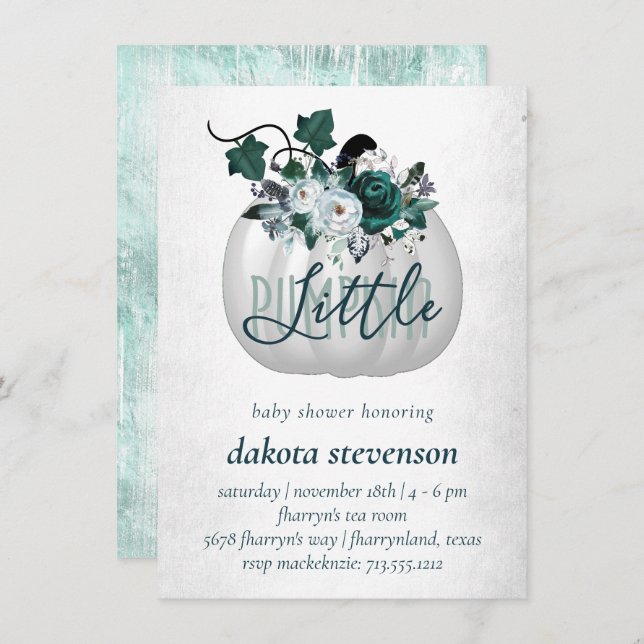Little Pumpkin | Teal Green Floral Baby Shower Invitation (Front/Back)