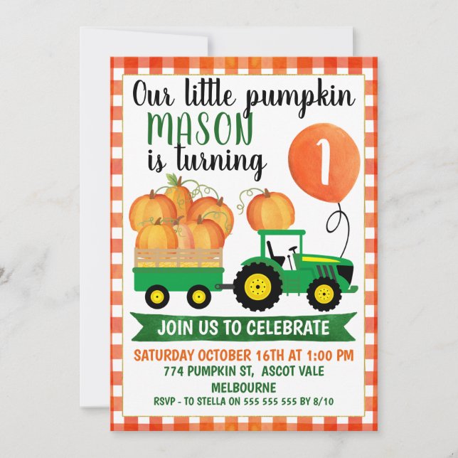Little Pumpkin Tractor 1st Birthday Invitation (Front)