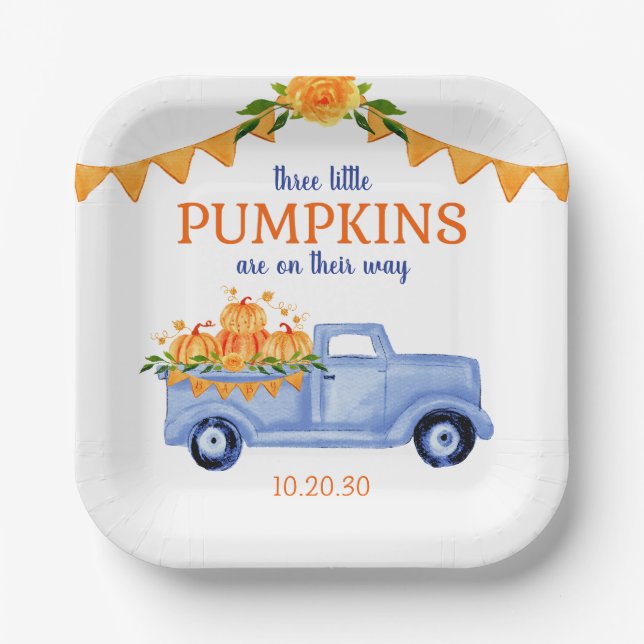Little Pumpkin Triplet Boy Baby Shower  Paper Plate (Front)