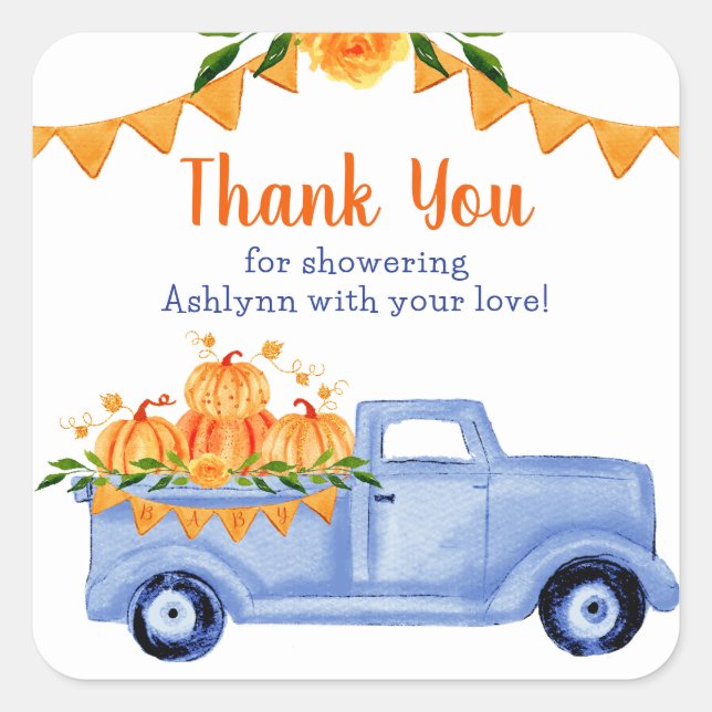 Little Pumpkin Triplet Boy Baby Shower Thank You Square Sticker (Front)