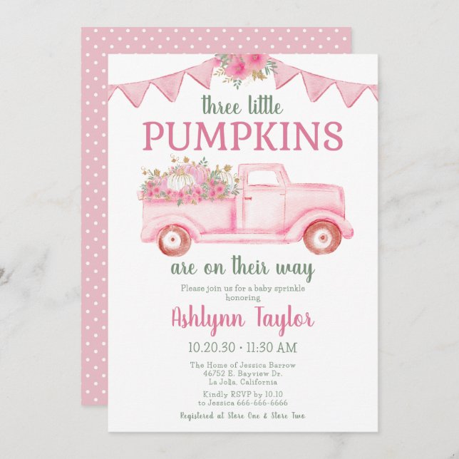 Little Pumpkin Triplet Girl Baby Sprinkle Invitation (Front/Back)