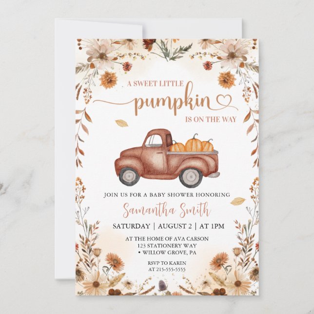 Little pumpkin  Truck autumn floral baby shower Invitation (Front)
