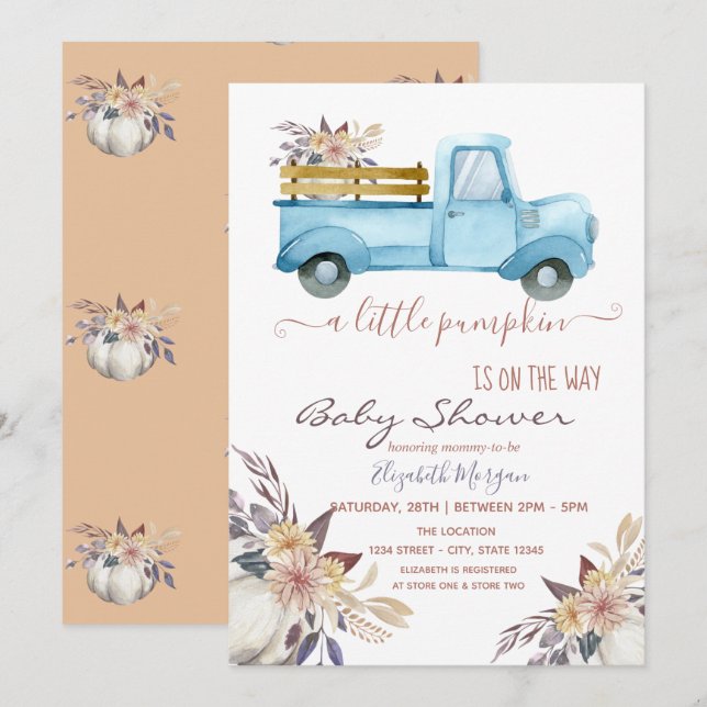 Little Pumpkin Truck Flowers,Dotted  Baby Shower   Invitation (Front/Back)