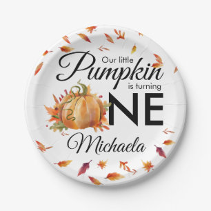 Little Pumpkin Turning One Autumn Fall Birthday Paper Plate