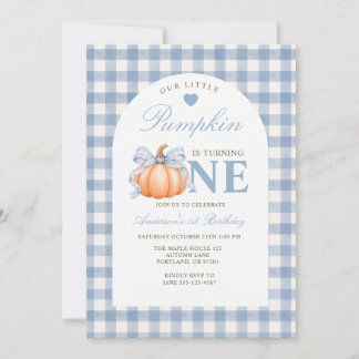 Little Pumpkin Turning One Blue Gingham Birthday Invitation