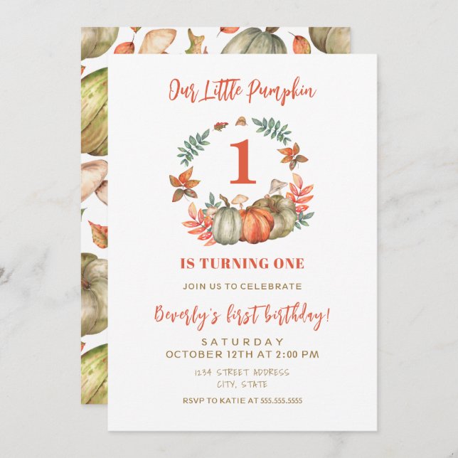 Little Pumpkin Turning One Fall First 1st Birthday Invitation (Front/Back)