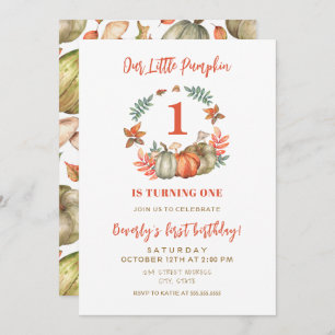 Little Pumpkin Turning One Fall First 1st Birthday Invitation