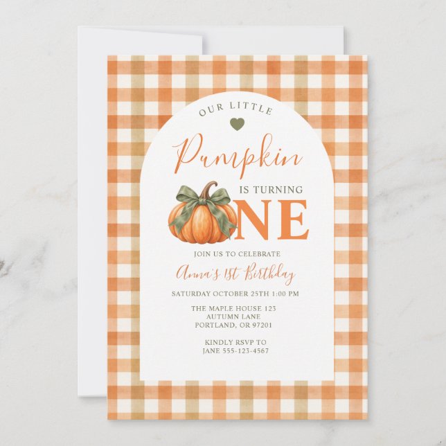 Little Pumpkin Turning One Fall Gingham Birthday  Invitation (Front)